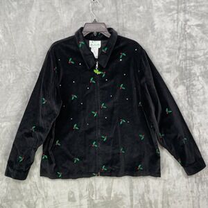 Vintage Quacker Factory Jacket Womens XL Holly Berry Black Velour Rhinestone 90s